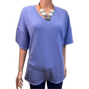 ANDREE BY UNIT Blue V-Neck Waffle Knit Top